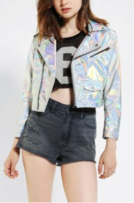 Holographic Jacket with Denim Shorts
