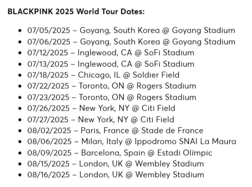 BLACKPINK 2025 World Tour Dates BLACKPINK 2025 World Tour Dates