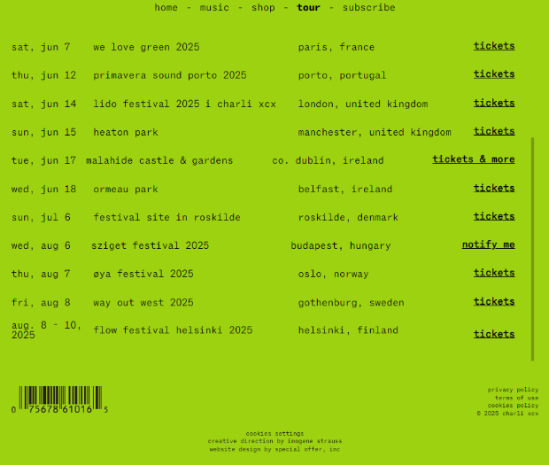 Brat Tour 2025 Europe Shows Brat Tour 2025 Europe Shows